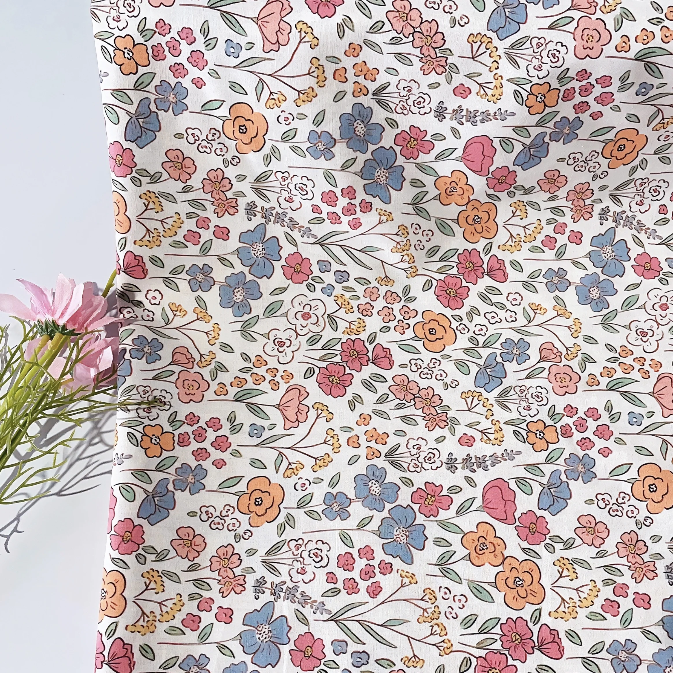 Vintage Floral Printed Cotton Fabric Women's Dress Colorful Mini Flowers Pattern Casual Loose Midi Dress for Summer Beach Holida