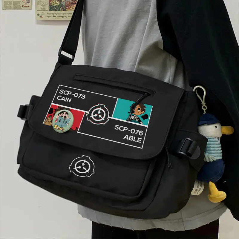 Anime SCP Secure Contain Protect Shoulder Bag Black White Messenger Cartoon With Front Zipper Badges Crossbody