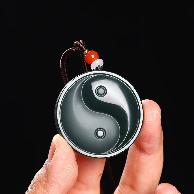 Colgante de Jade Cian Natural He Tian Tallado a Mano con Diseño Tridimensional de Tai Chi Bagua para Hombres y Mujeres, Amuleto para Parejas, Regalo