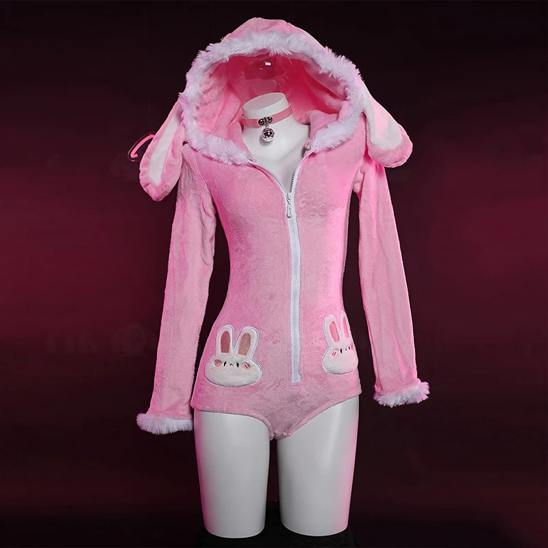 Bunny Girl Cosplay Costumes Women Sexy Zipper Hooded Flannel Pajamas Cute Pink Rabbit Jumpsuit Halloween Carnival Party Clothing view 3