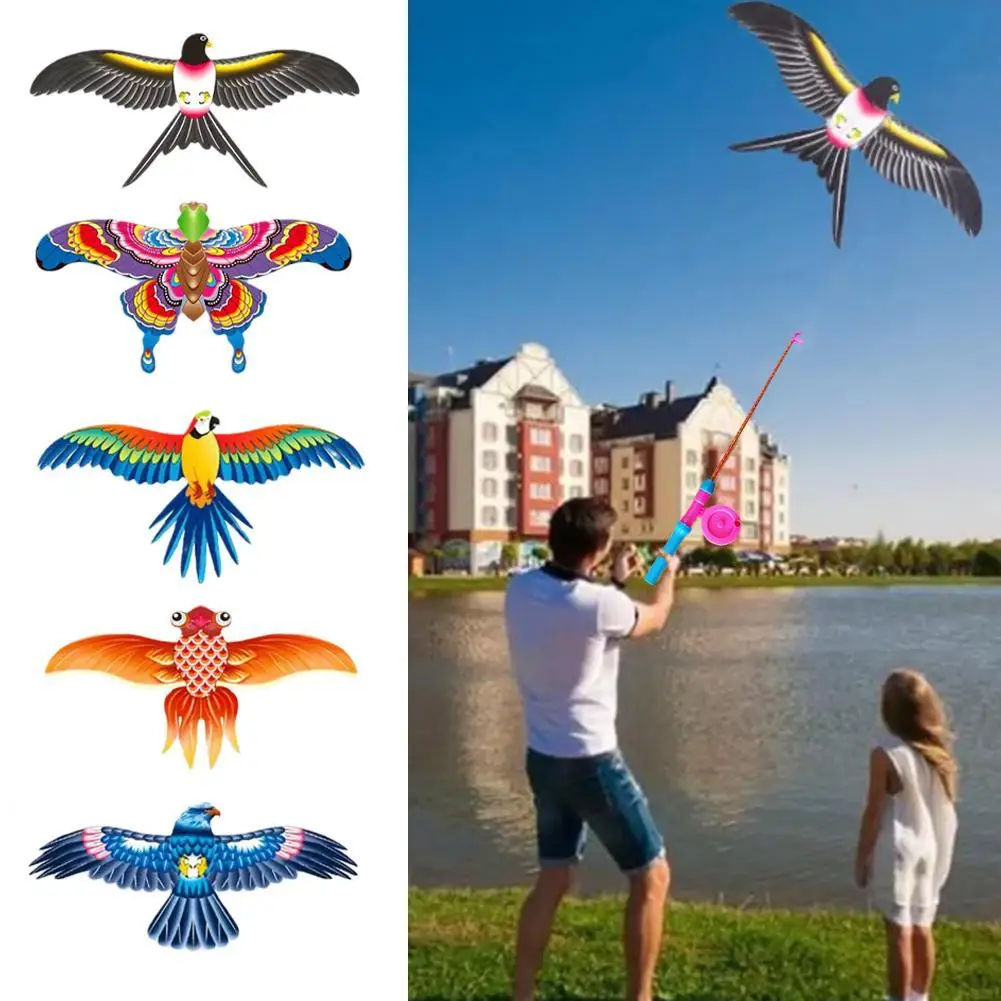 1 Set aquilone con manico per bambini giocattolo Cartoon Fishing rondine Butterfly Eagle Outdoor Handheld Small Kite Fishing Rod Kite Toy