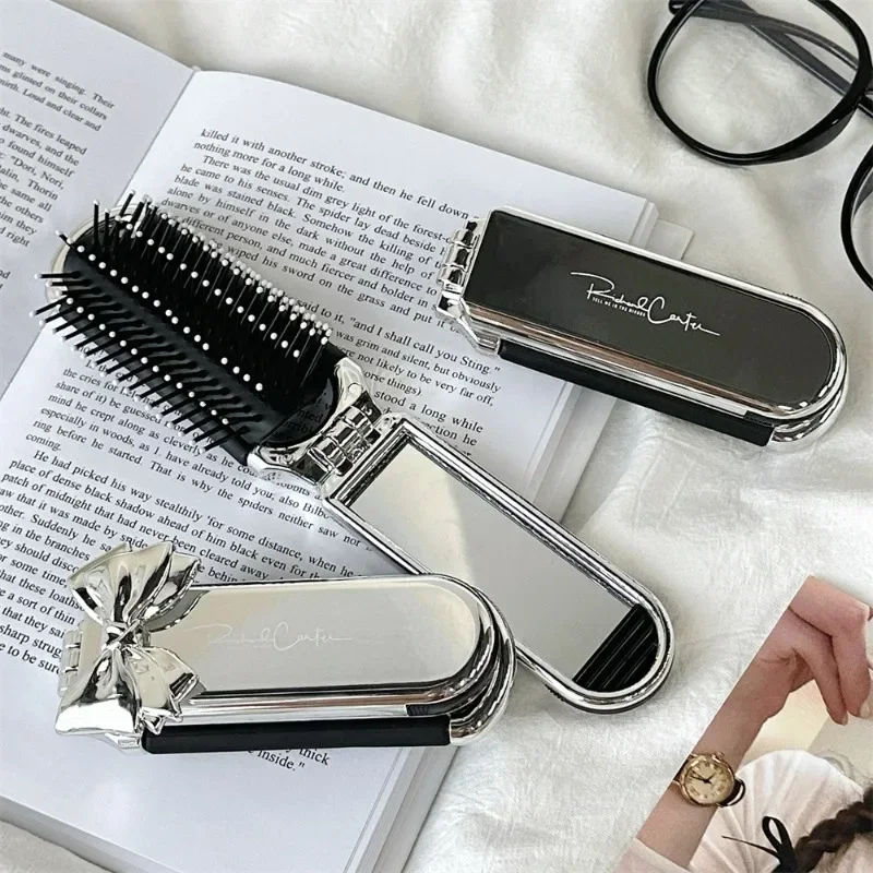 

Simplicity Hair Brush with Mirrors Women Girl Fashion Sliver Color Bow Air Cushion Comb Portable Travel Hair Comb