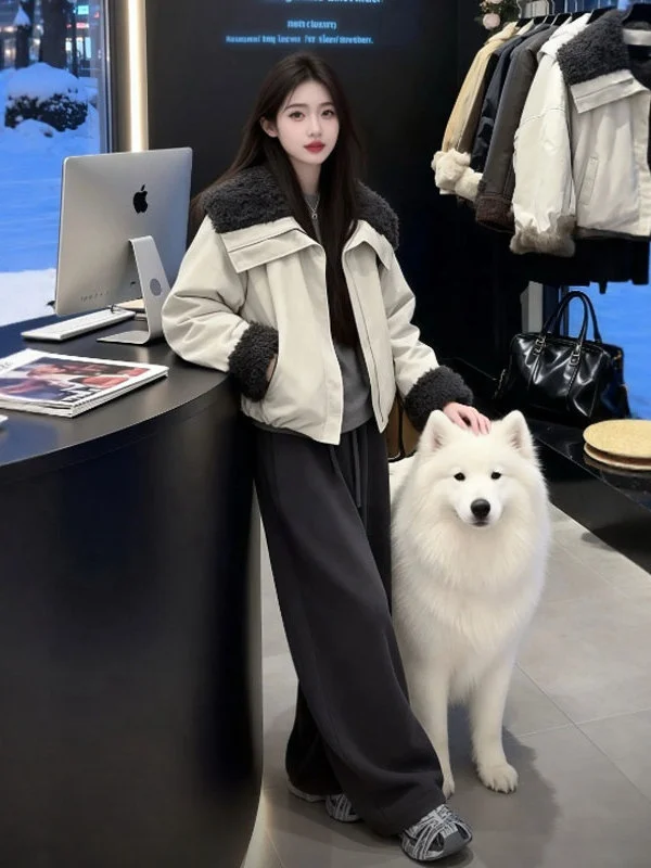 

Korean Sle Double-Sided Wear Fur And Cotton Inteated Slim Fit Long Sve Zipper Closure Color Spring Outerwear