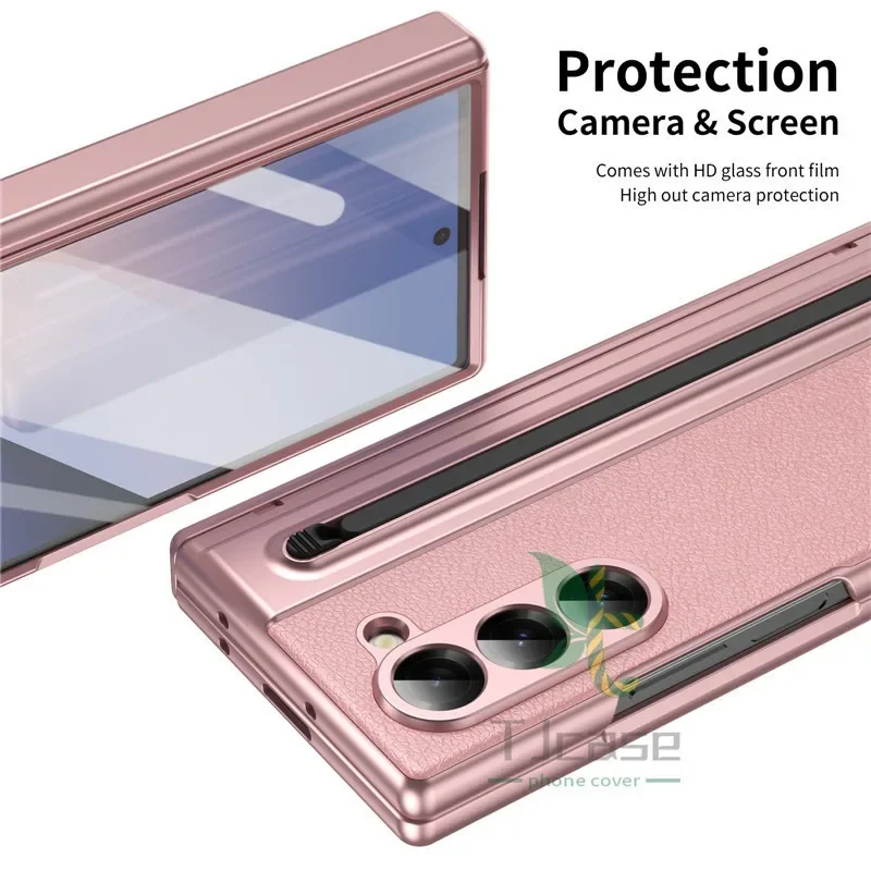 Покрытие S Pen Slot Шарнир Полностью кожаный корпус Чехол Smasung Glaxy Z Fold 6 5 4 3 Fold3 Fold4 Fold5 Fold6 Flass Чехол из передней пленки