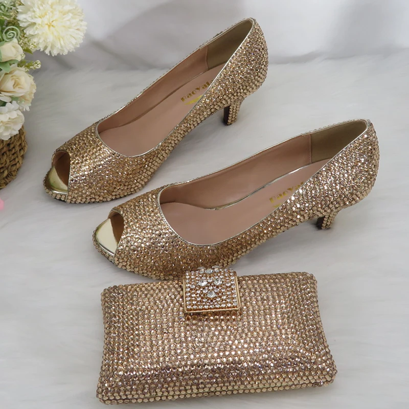 Champagne crystal wedding Bridal shoes with matching bags woman fashion Open Toe Thick heels Women party dress shoes Ankle Strap