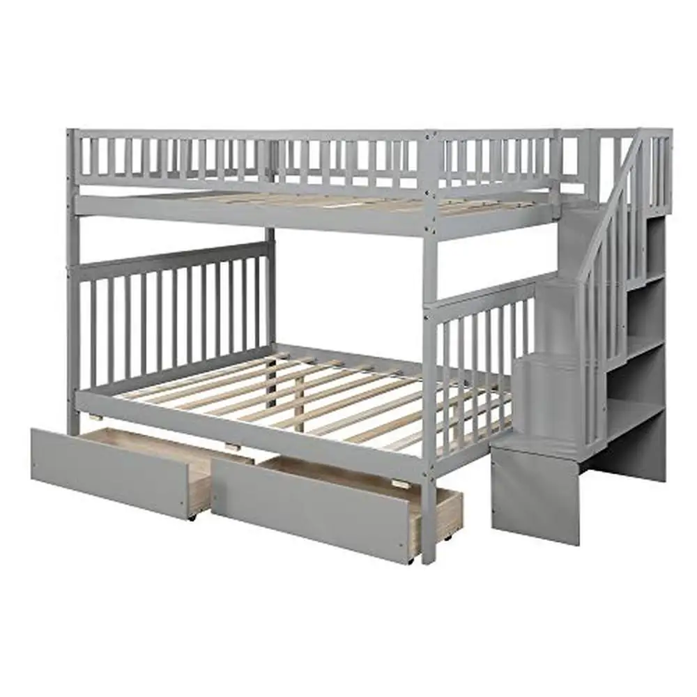 Modern Twin Over Twin Bunk Bed with Storage Shelf and Guard Rail Wood Gray