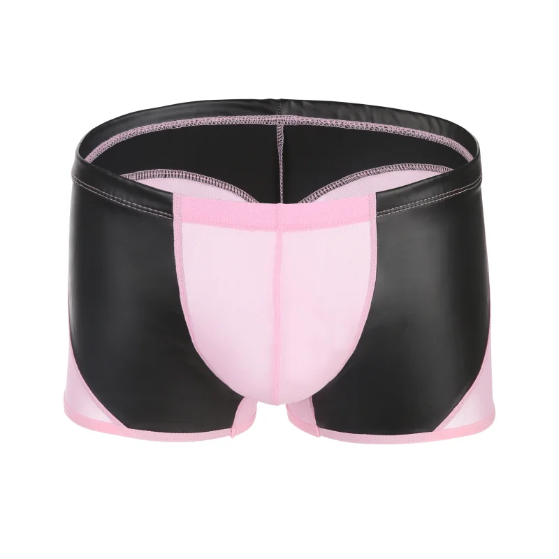 Men Sexy Boxer Mesh Splice Pu Leather Underwear Cotton Crotch Perspective Panties Bulge Pouch Underpants Breathbale Knickers