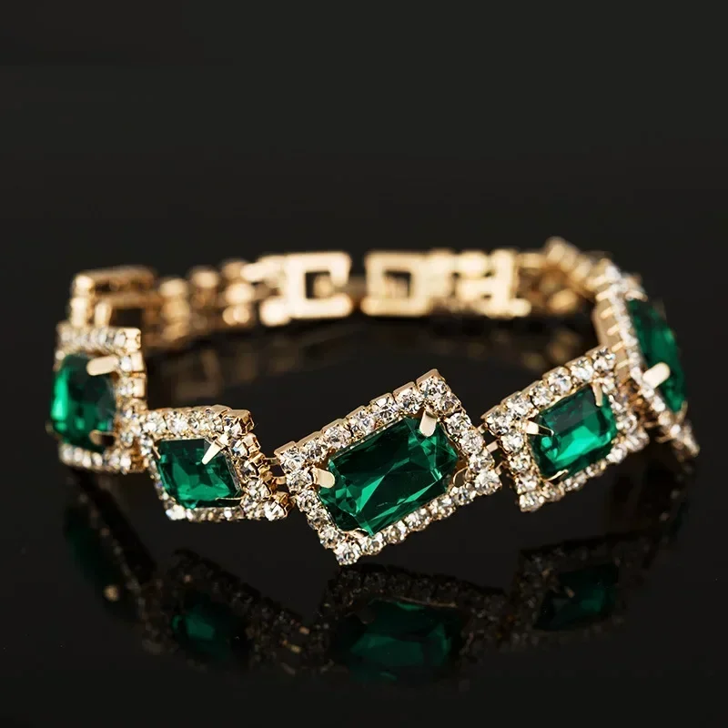 Fashion Wedding Bracelets Jewelry Luxury Women\'s Green Crystal Stone Bracelet Charm For Ladies Link Chain Bangles