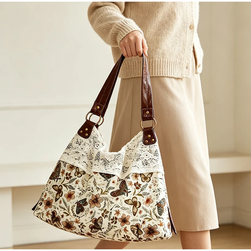 Mori Girl Ditsy-Blumenmuster-Schultertasche mit Spitzenbesatz und Patchwork-Design, Damen-Handtasche im Colorblock-Stil, leichte Vintage-Bohemian-Chic-Tasche – Detail 11