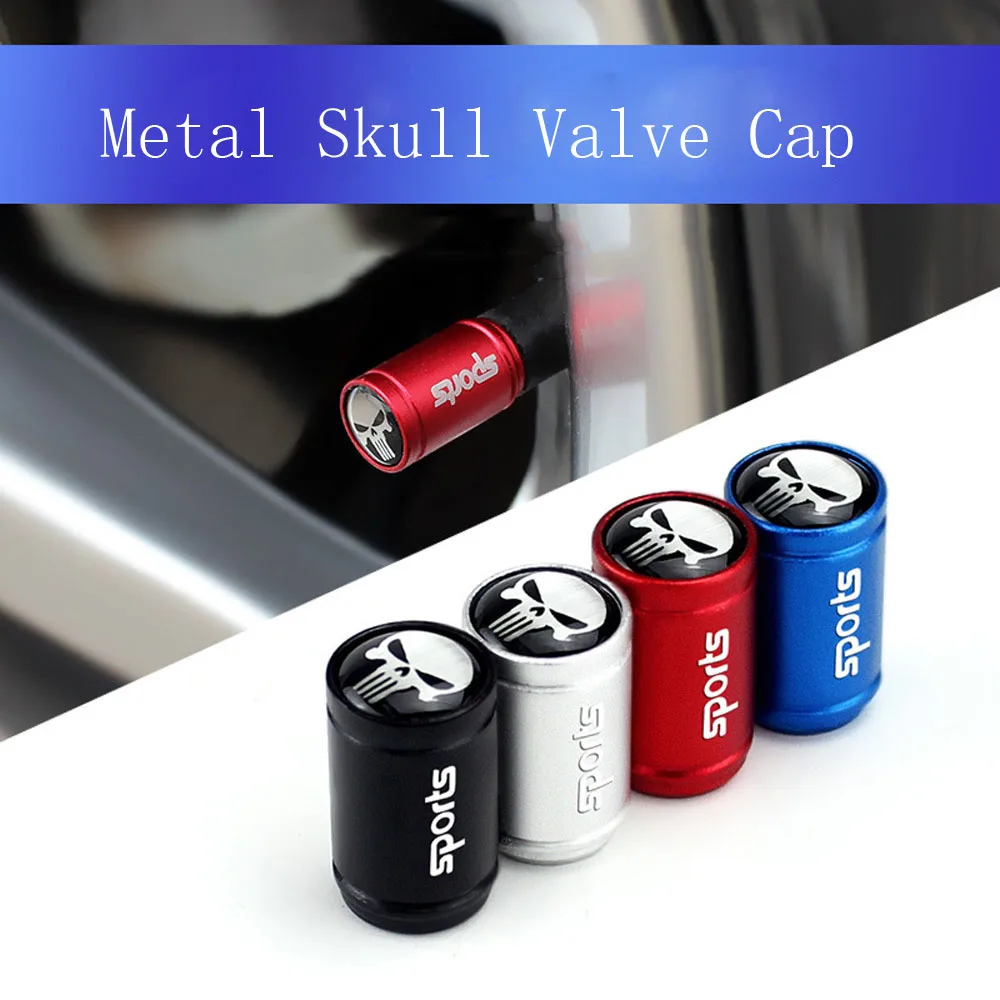 4PCS Skull Sport Tire Valve Stem Caps Aluminum Alloy Tire Valve Caps with O Rubber Ring  for Cars Motorcycles Bicycles