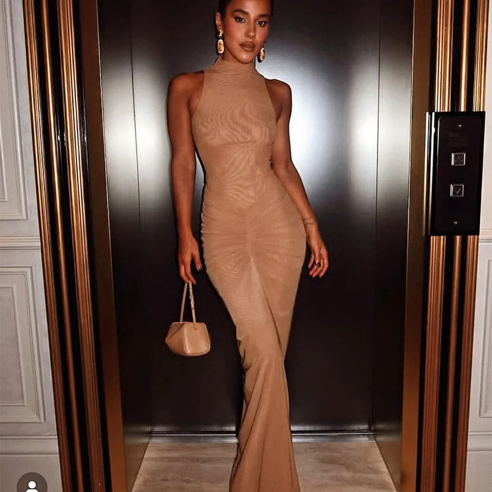 Sem mangas ruched sexy maxi vestido para mulheres vestido de moda duas camadas malha bodycon clube vestido longo elegante 2025 novas roupas