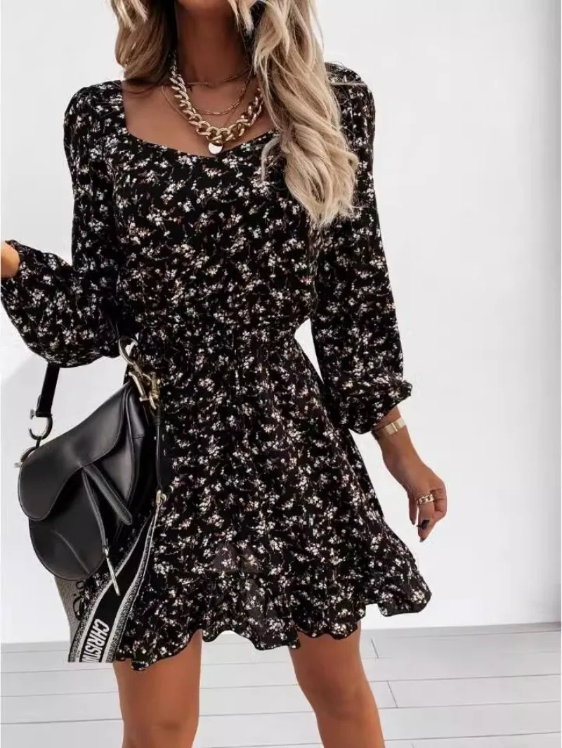 

Women's Clothing Casual Fashion Trend Commuting Slim Fitting Long Sleeved Floral Ruffled Edge Fashionable Slimming Dress