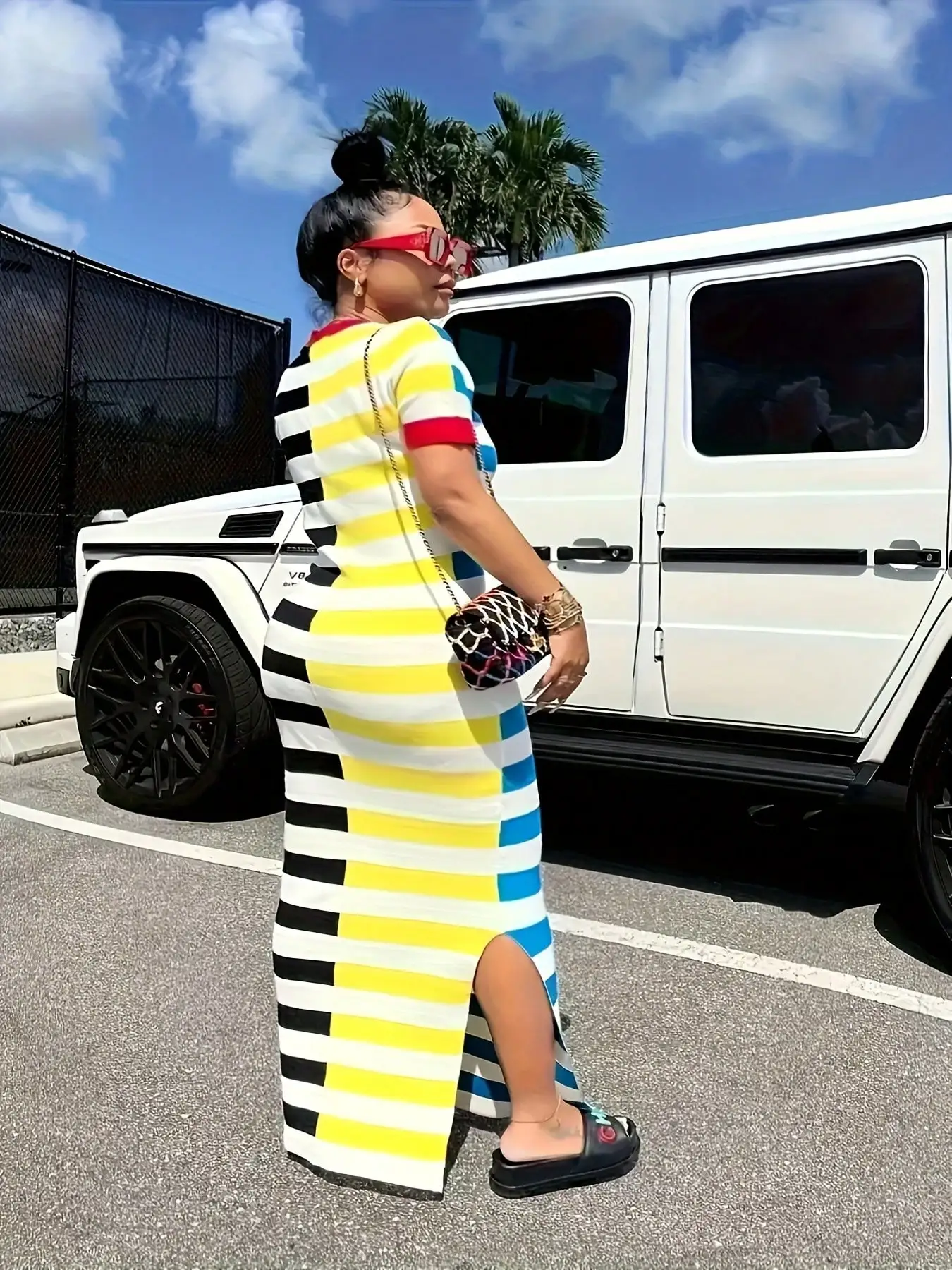 

Plus Size Striped Maxi Dress with Side Slit, Round Neck, Short Sleeves, Spring Summer Casual