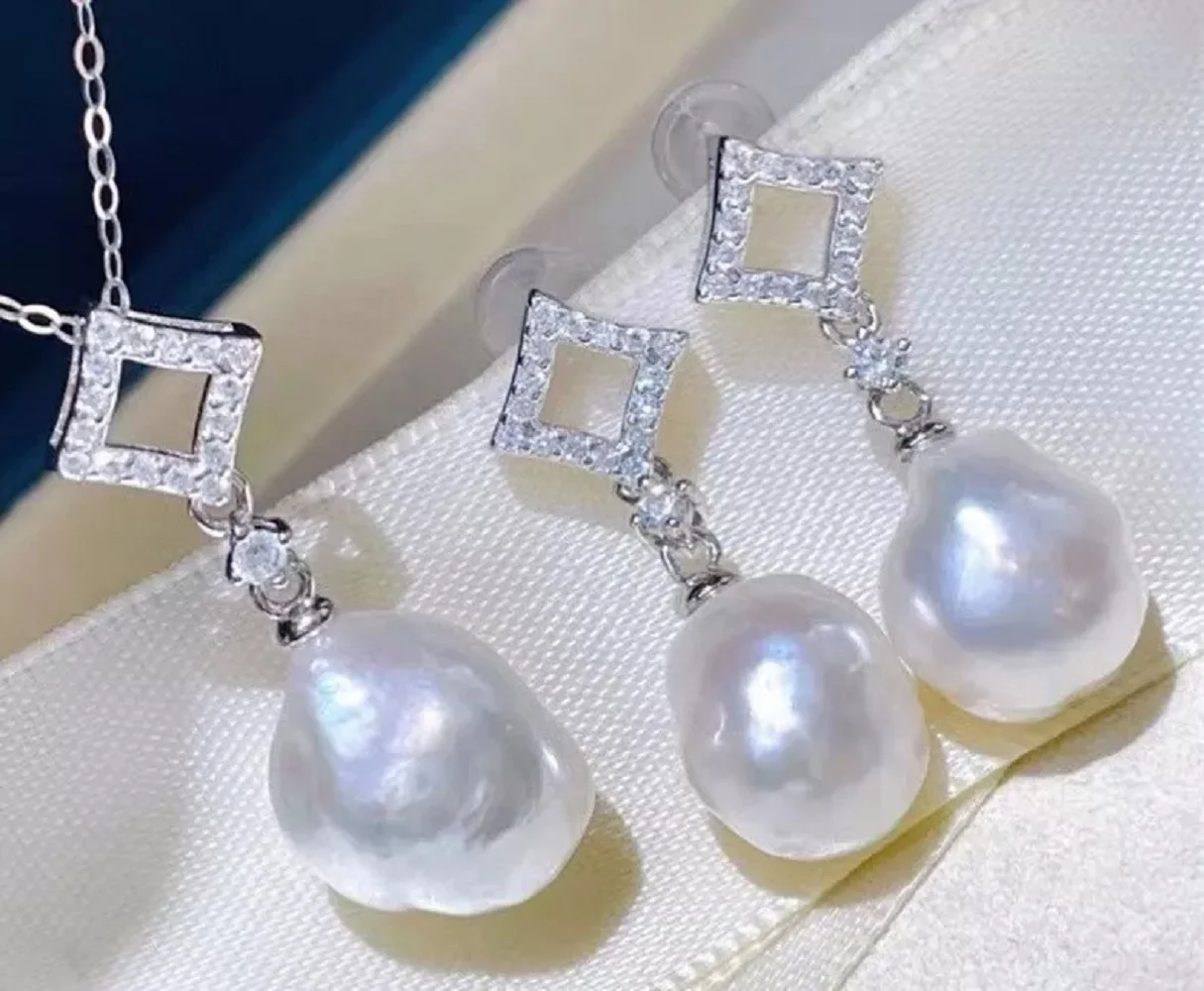 

Серьги из натурального жемчуга AAA 12-13 мм с белым жемчугом Южного моря в стиле барокко + кулон 18 дюймов 925s