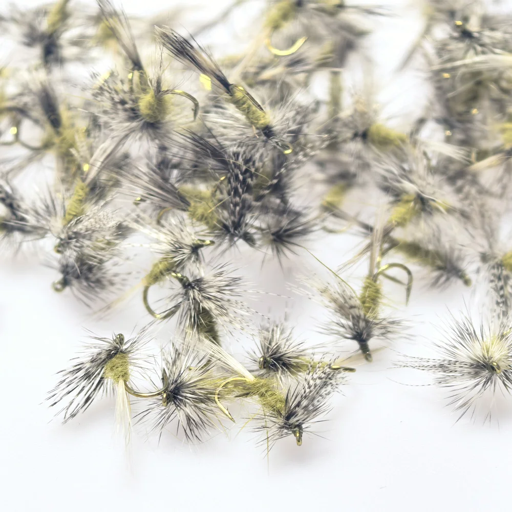 5/8 Stück Adams Trockenfliegen zum Fliegenfischen, Größe 14, Künstlicher Insektenköder, Weiß & Olivgrün, Beste Fliegen für Forellenfischen im Süßwasser – Detail 6