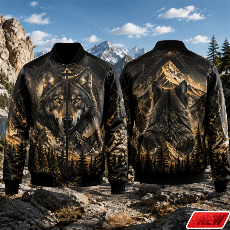 3D Print Wild Animal Pattern Jacket Men Wolf Mountain Tree Tiger Eagle Graphic Zip Coat Autumn Travel Trend Street Casual Jacket