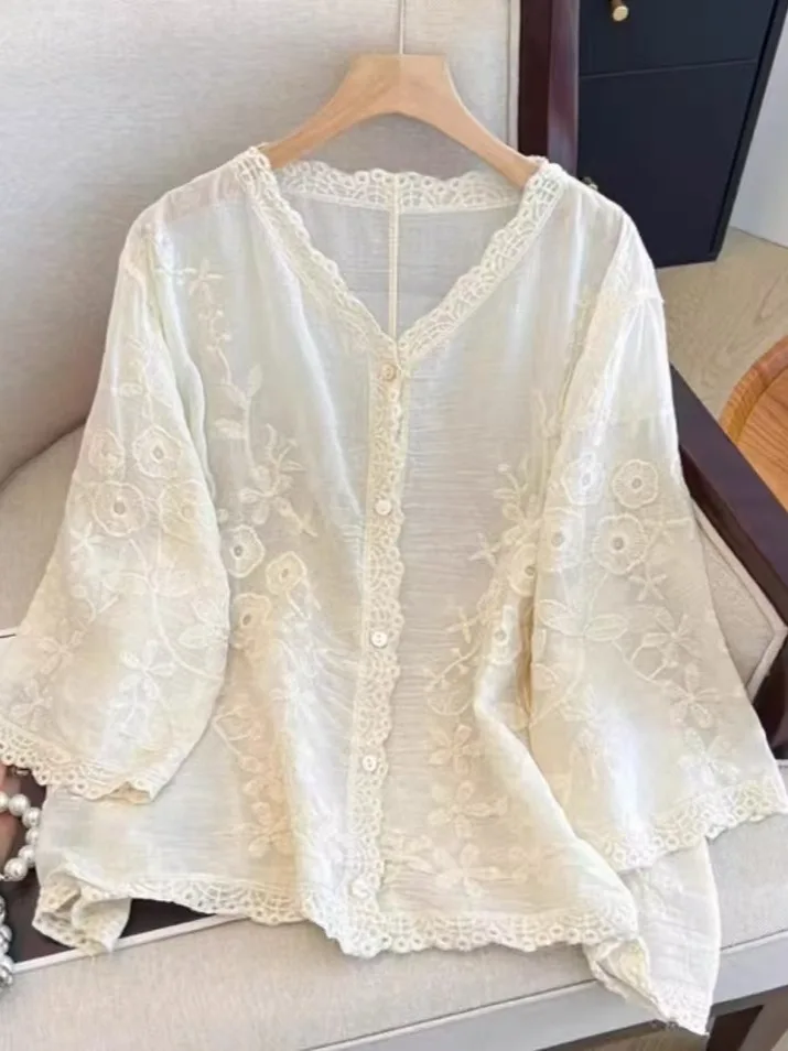 Lace Hookwork Hollow Long Sleeve Sun Protection Shirt Women's Spring Summer plus Size Fatty MM Outer Air Conditioning Cover u...