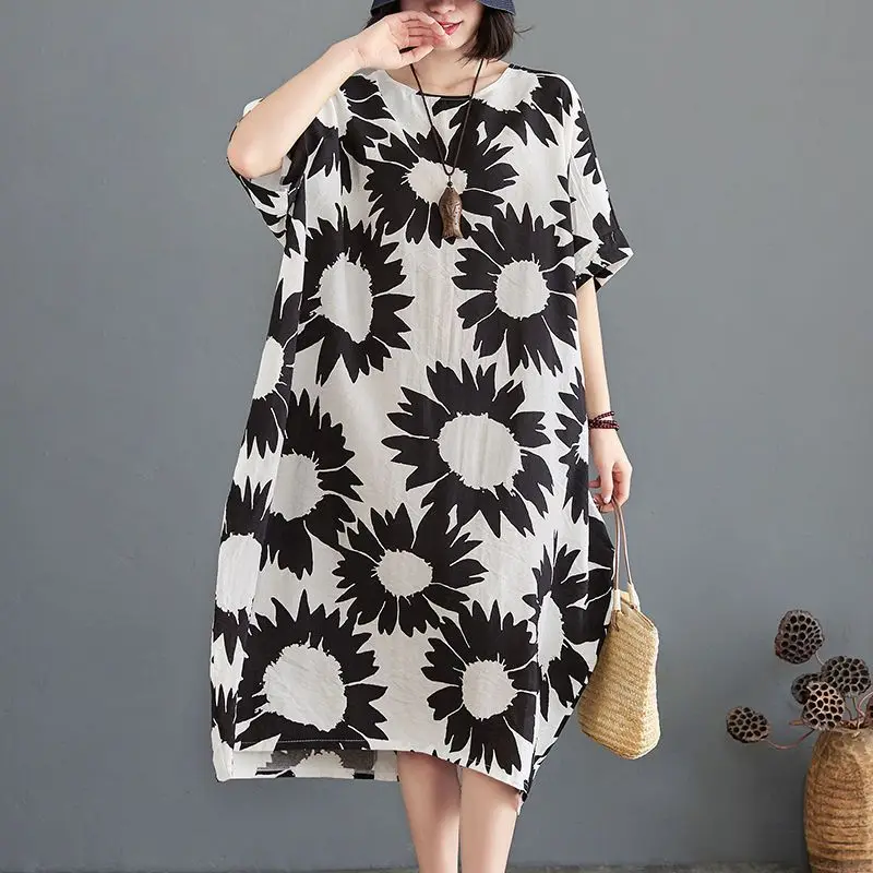 Dameskleding Kantoor Dame Afdrukken Oversized Jurken Dames Eenvoud O-hals Korte mouw Losse midi-jurk Zomervlasjurken