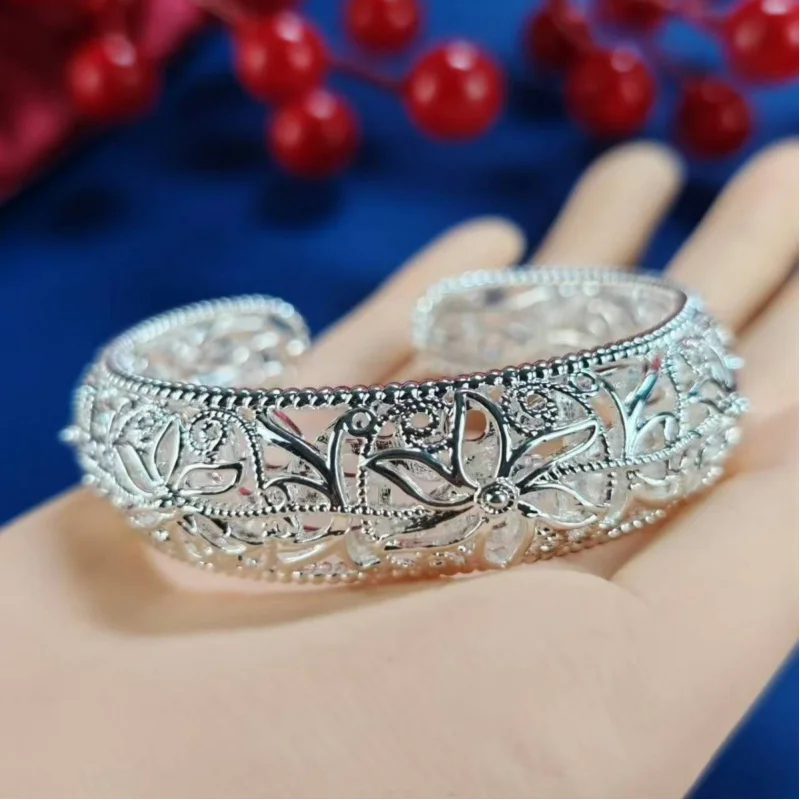 Douyin Live White Copper Plated Hollow Filigree Wide Bracelet Palace Style Cloisonné Craft Adjustable Open Bracelet