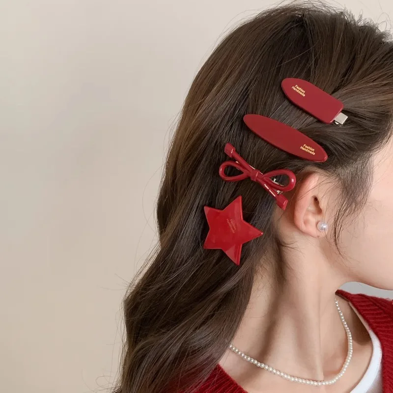 New Korean Red Bow Hairpin Simple Bangs Side Clip Barrettes Headwear Girls Women Hair Accessories