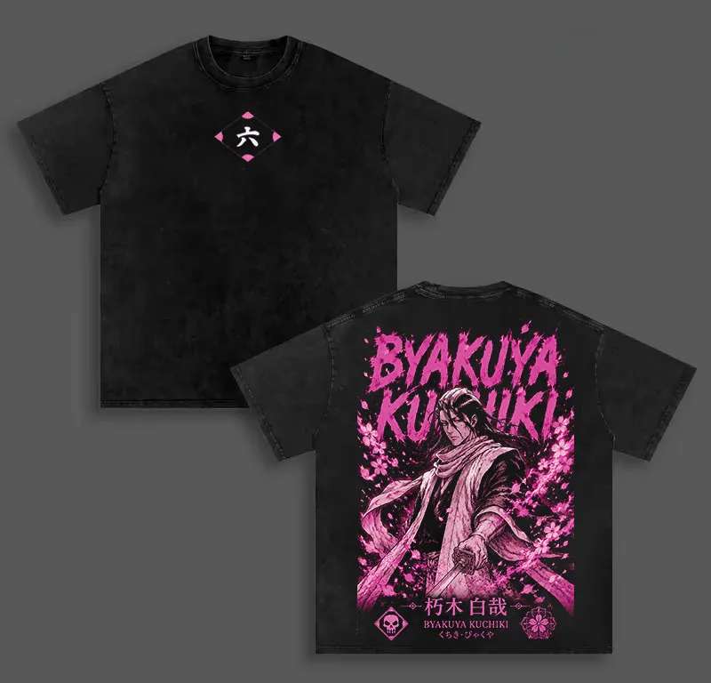 Kuchiki Byakuya BLEACH Anime T-shirt Men Clothing Manga Vintage Washed T Shirt Summer Cotton Tees Tops Casual Loose Clothes