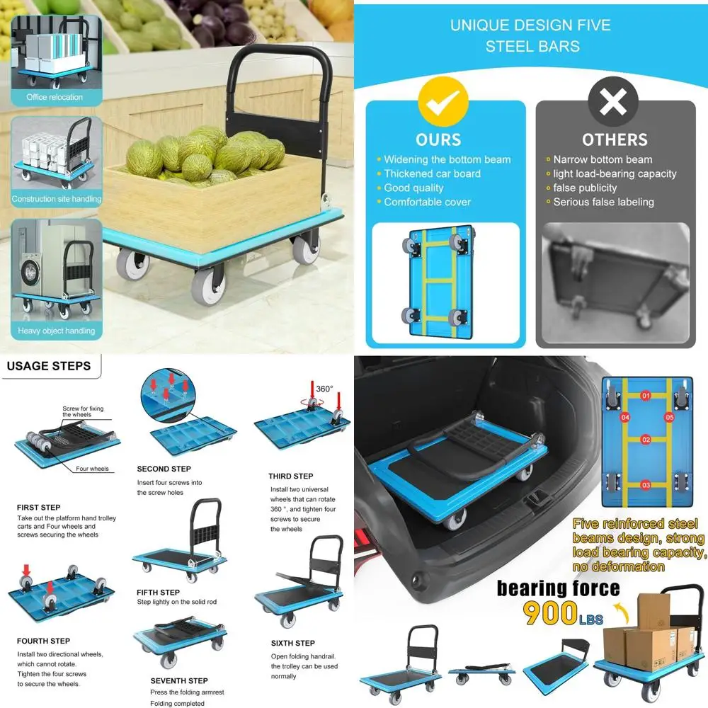 Wytrzymały składany wózek platformowy z obrotem 360 stopni °   Kółka obrotowe, 30,3 cm dł. x 19,7 cm szer., udźwig 900 funtów, niebieskie