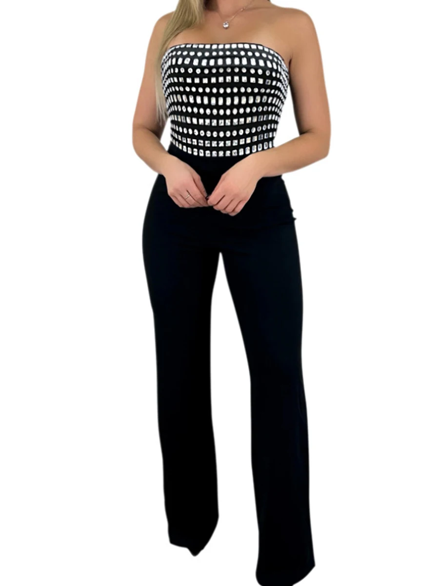 

Сексуальный однотонный комбинезон без рукавов с декором из страз и высокой талией