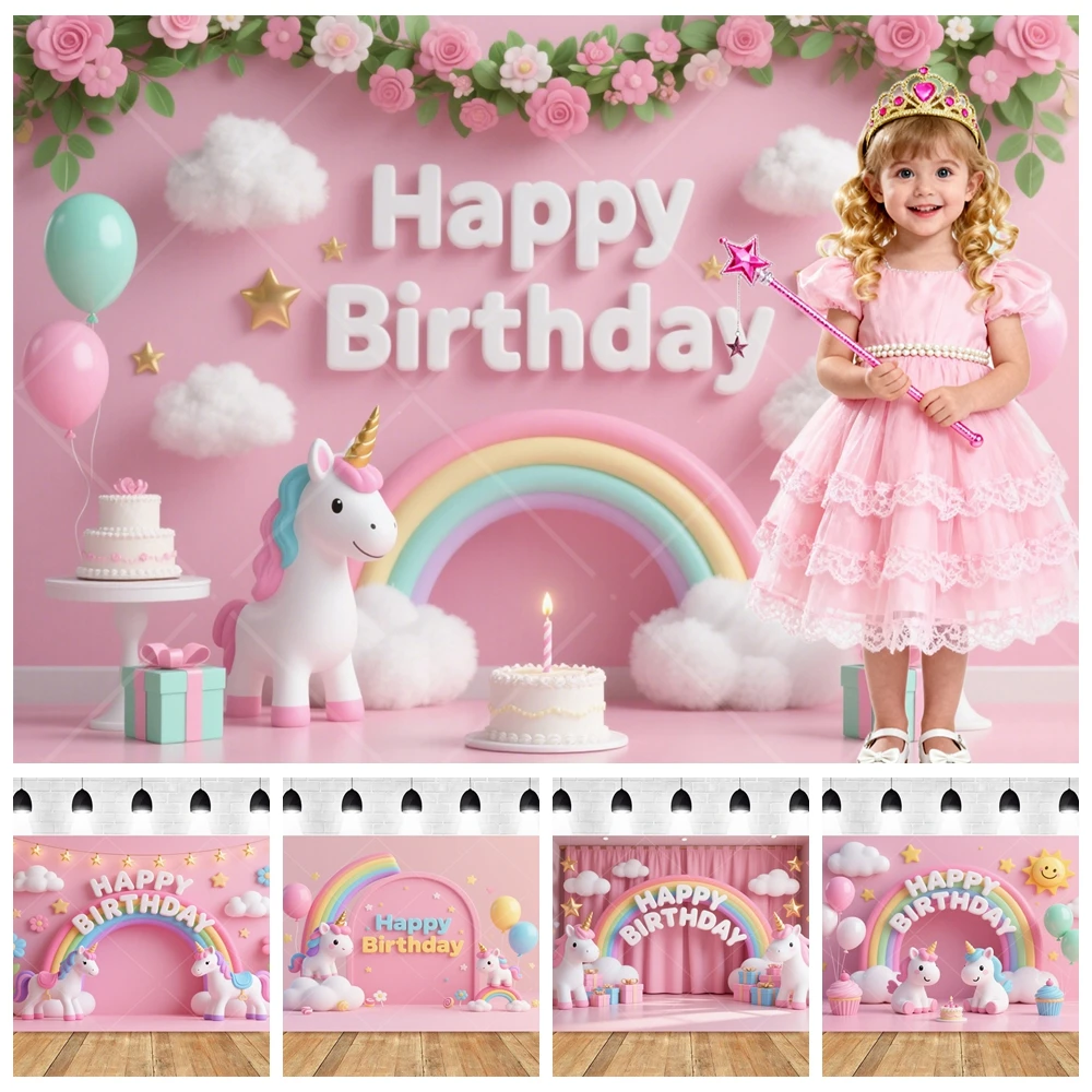 

Rainbow Unicorn Pink Photo Booth Backdrop Customizable Girl Birthday Party Baby Shower Cake Table Pink Decoration Background