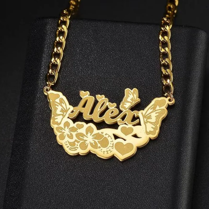

Roro's Custom Cute Butterfly and Flower Name Necklace Nameplate Necklace Cuba Chain Necklace Personalized Plaque Gift for Her