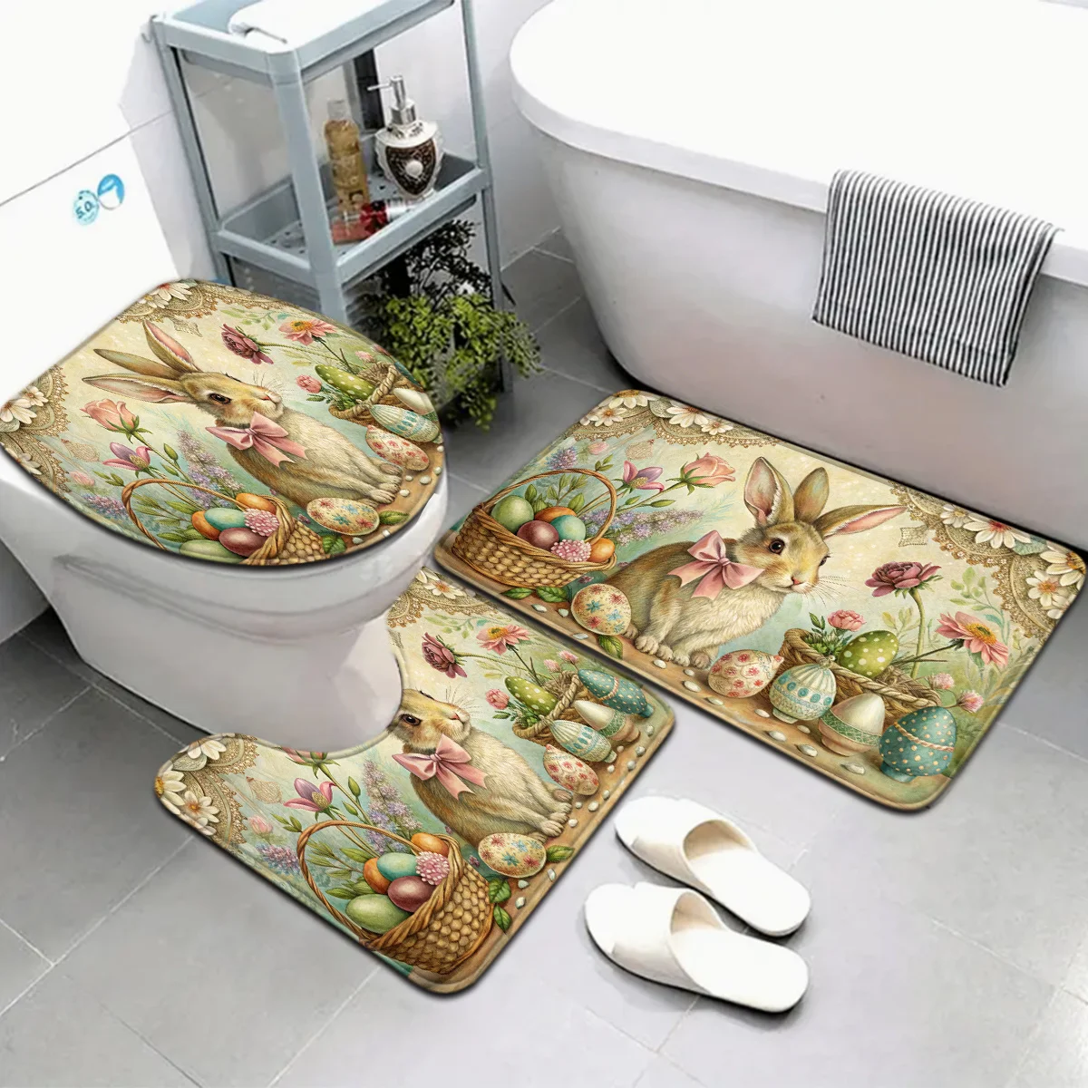 

3PC Easter Bunny Bath Mat Set - Floral Egg Non-Slip Toilet Cover & U-Shaped Rug, Soft Flannel Fade-Resistant, Spring Decor