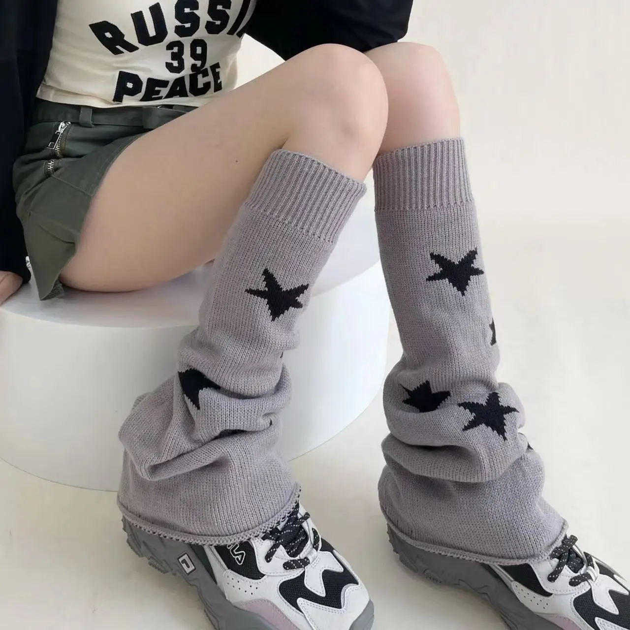 1 Pair Pentagram Print Retro Flared Loose Women Knitted Leg Warmer Thickened Warm Double Sided Knee High Leg Cover For Ladies