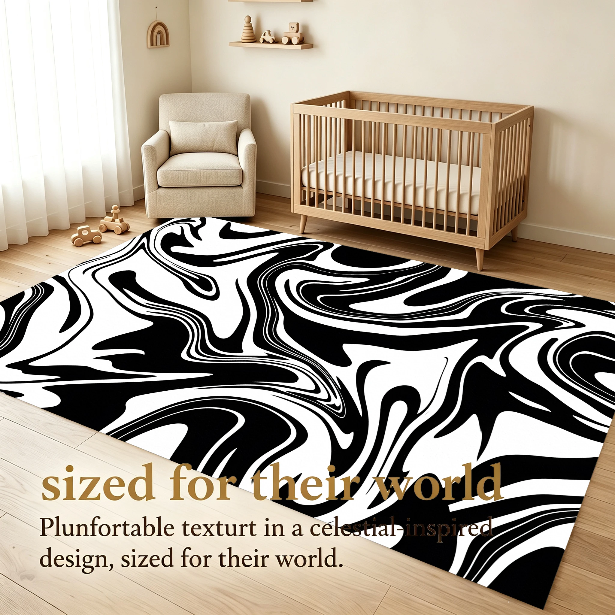2D Large Carpet Black White Flowing Wave Minimalist Modern for Living Room Bedroom