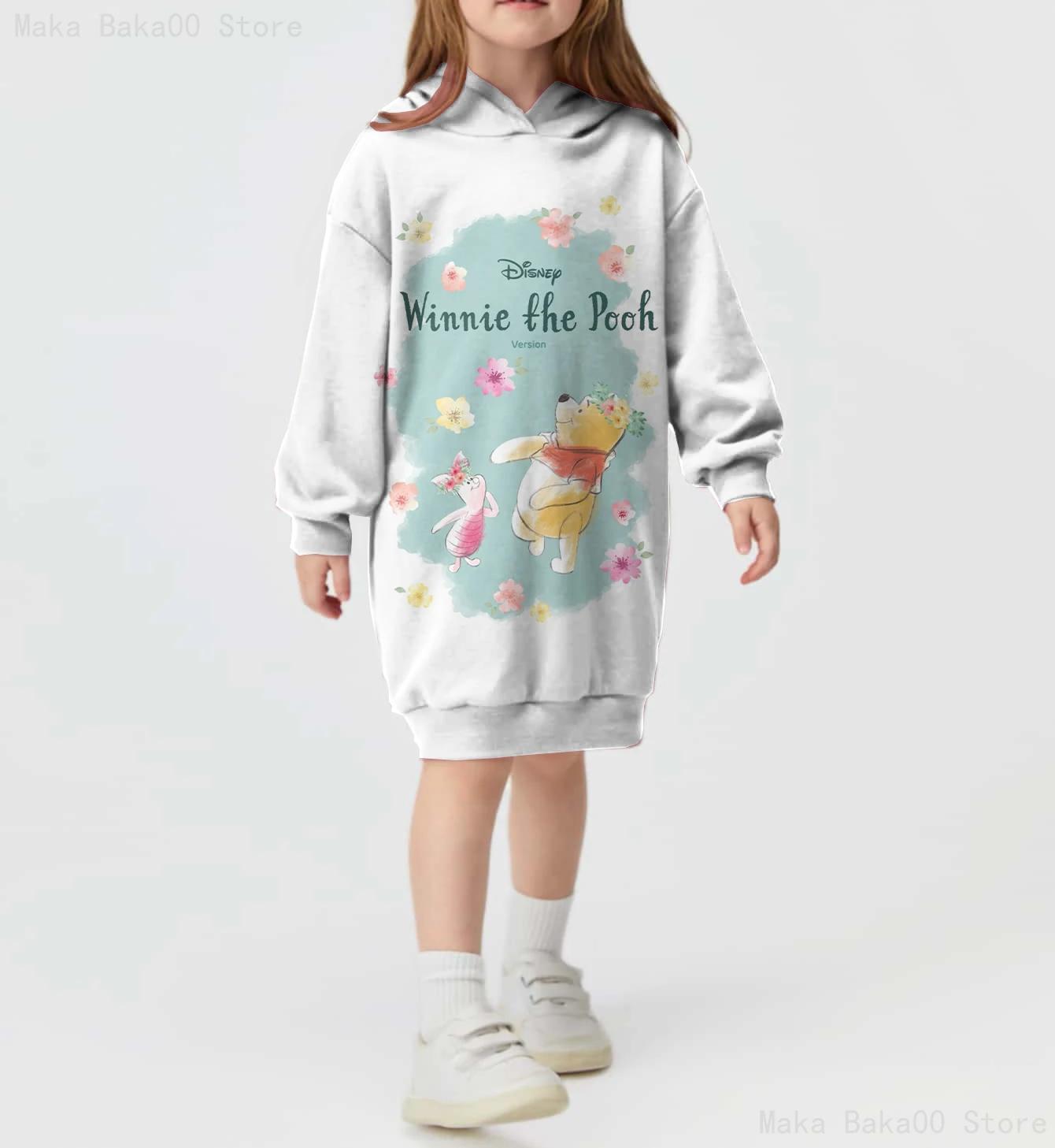 

Зимний милый стильный пуловер с принтом Винни-Пуха Диснея для девочек, уличное повседневное платье-свитер с длинными рукавами, детская одежда