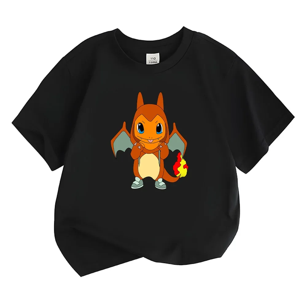 MINISO Charmander Baby Cotton T Shirt Fire Master Charmander Tees Kawaii Cartoon Kid Clothes Boy Girl Summer Short Sleeve Tops