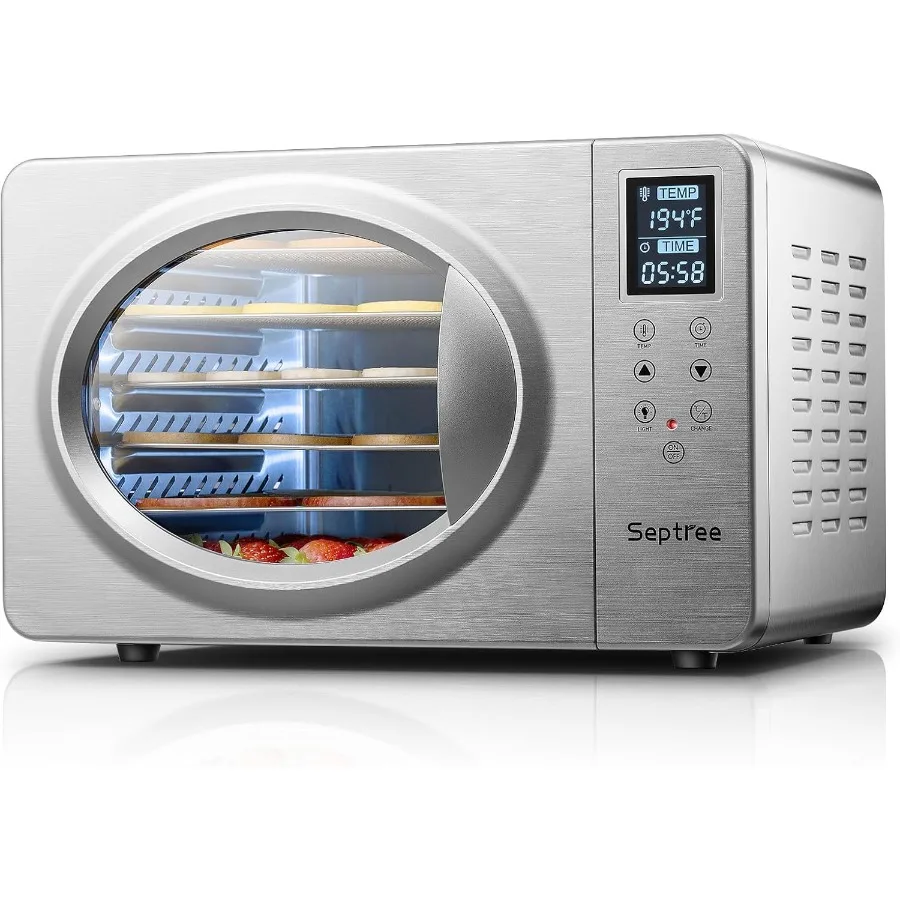 Silver Retro Food Dehydrator with 6 Stainless Steel Trays Digital Temperature Control up to 190 Builtin Light 500W Efficient Dr