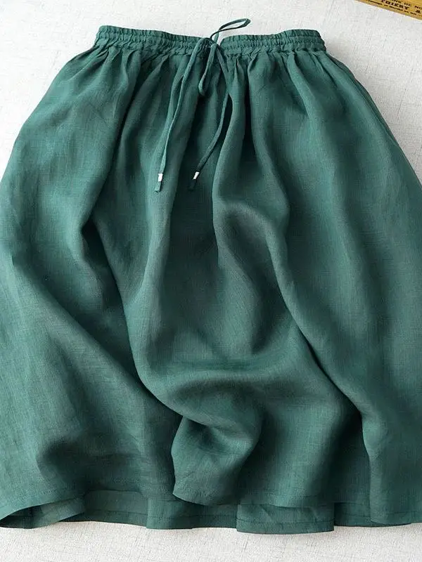 

Casual High Waist A-Line Midi Skirt Women's Pure Color Linen f Body Skirt Vintage Draped Artistic Brand Outlet Goods