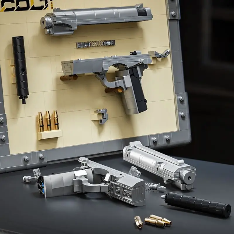 Pistola Colt de escritorio para niños, conjunto de adornos montados en la pared, bloques de construcción, modelo de pistola de juguete MOC, juguete educativo, regalo, 603 Uds.