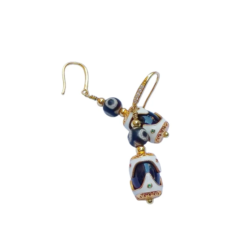 Tibetan Fire Offering Agate 3-Eye S925 Tiger Teeth Dzi Beads Assembled Women's Featured Earrings Free Shipping