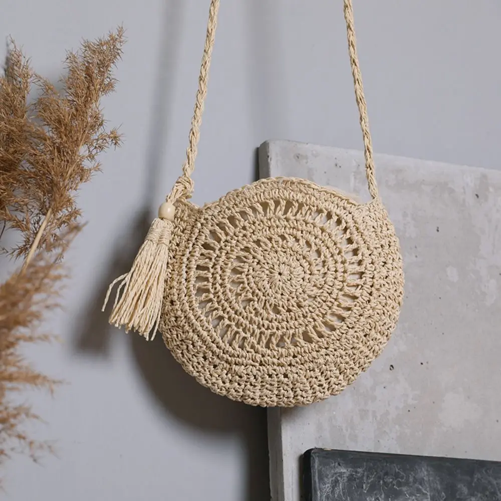 

Round Soft Paper Rope Shoulder Bag Tassel Summer Beach Handmade Crossbody Bags Women Hollow Straw Bag Circle Rattan Bag