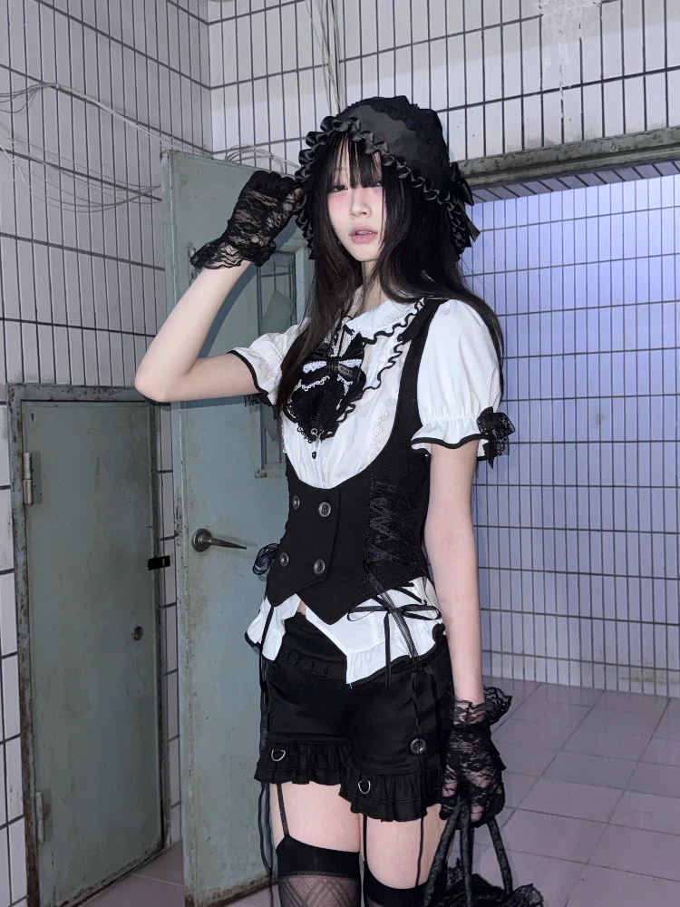 

HBreaker Original Design Bla Lace Tie-Detail Sweet And Spicy Ruffle orts Set College Sle Cotton ort Length