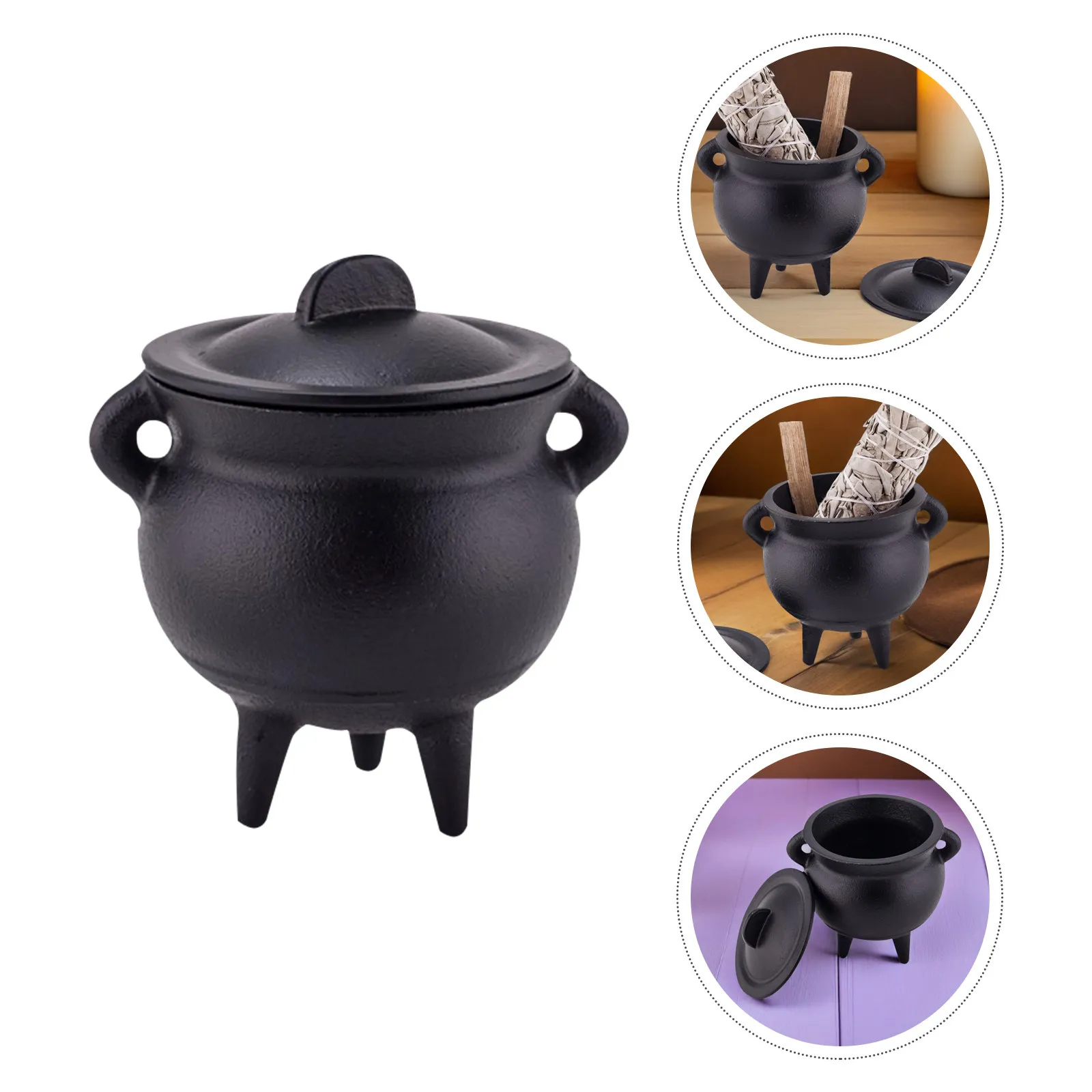 Cast Iron Smudge Incense Burner Cauldron with Lid Halloween Decorative Ritual Holder