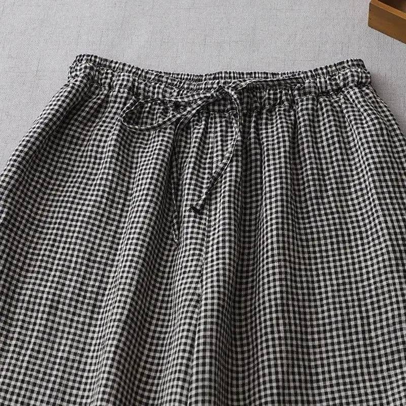 Flax Wide Leg Pants Women Clothing Fashion Loose Plaid Elastic Waist Pants Summer All-match Plaid Lacing Loose Waist Trousers