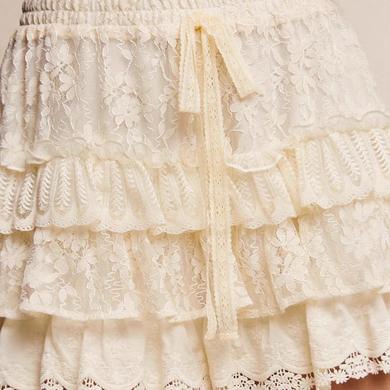 

French Lace A Pleated Skirt High Waist Fluffy Women's Skirt