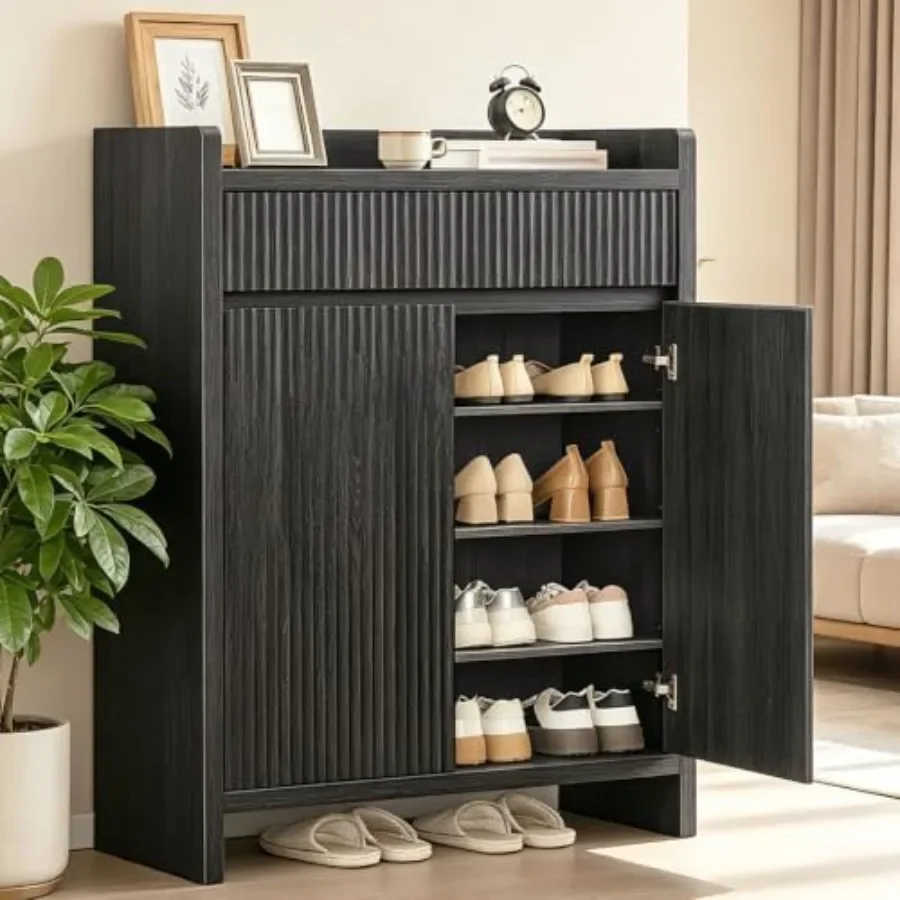 4 Tier Fluted Shoe Storage Cabinet with Doors for entryway, MDF wood, white, space-saving and dust-proof design