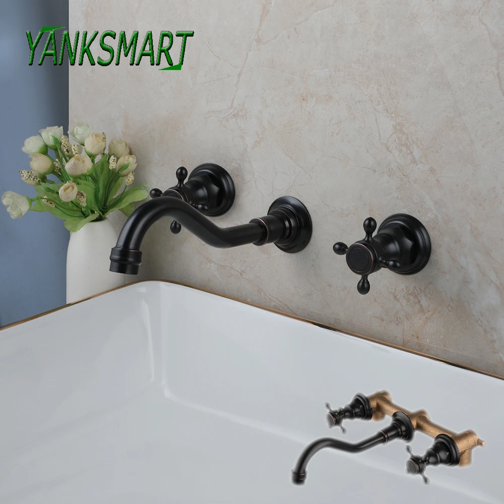 YANKSMART Double Handle Three Holes Bathroom Faucet Home Improvement Accessories Brass Faucets 360 Rotation Sink Mixer Water Tap