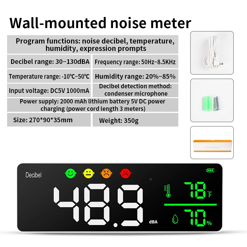 

Wall Mounted Noise Detector - Intelligent Decibel Meter Temperature and Humidity Monitor, 30-130dBA Wideband Measurement