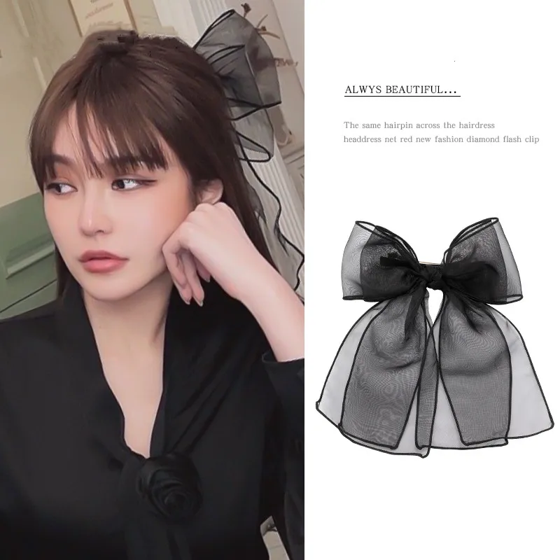 New Fashion Premium Black Satin Barrettes Bow Hair Clip Temperament Hair bow Ribbon Ponytail Clip For Women Top Hair accessories