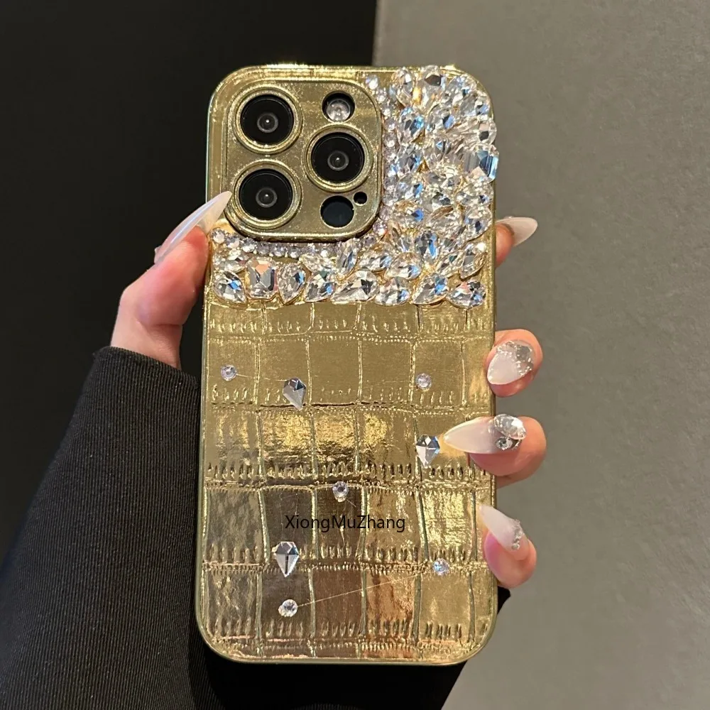 

New Fashion Gold Diamond Crocodile Skin Pattern for IPhone 14 Pro Max 15 Plus 12 13 Pro Max 11Pro Max XsMax Xr Xs X Custom Cover