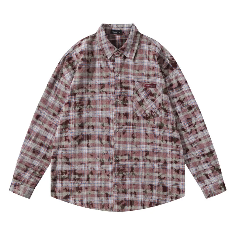 Vintage Distressed Shirt for Men Autumn Casual Loose Plaid Long Sleeve Shirt Hip Hop Brushed Single Button Relaxed Fit Shirts