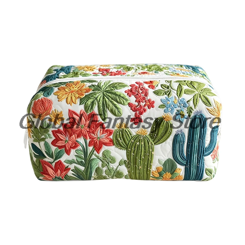 Floral Cactus Quilted Makeup Bag Vintage Travel Toiletry Bag Zipper Portable Cosmetic Bag For Women
